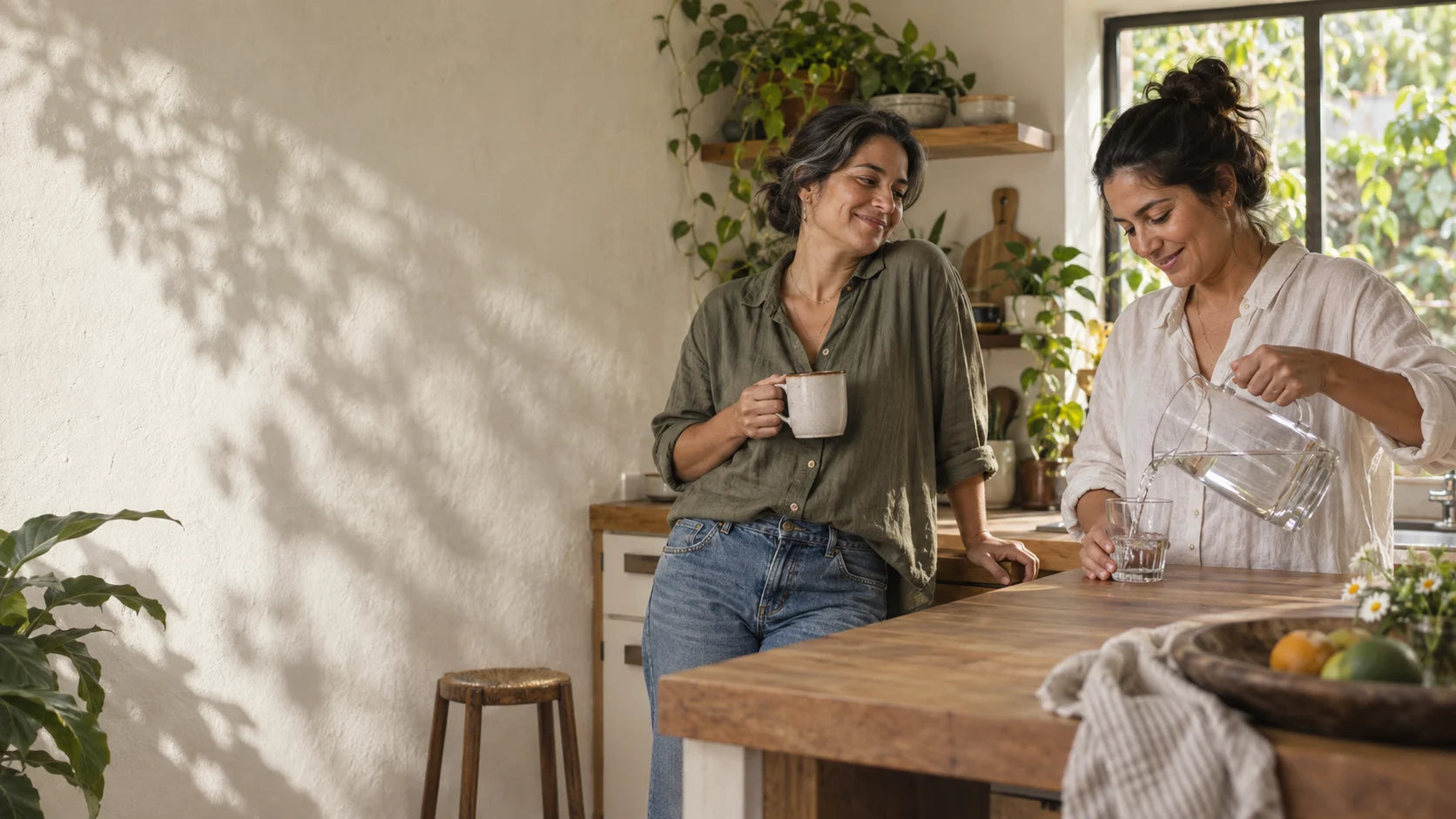 Dos amigas conversan en la cocina